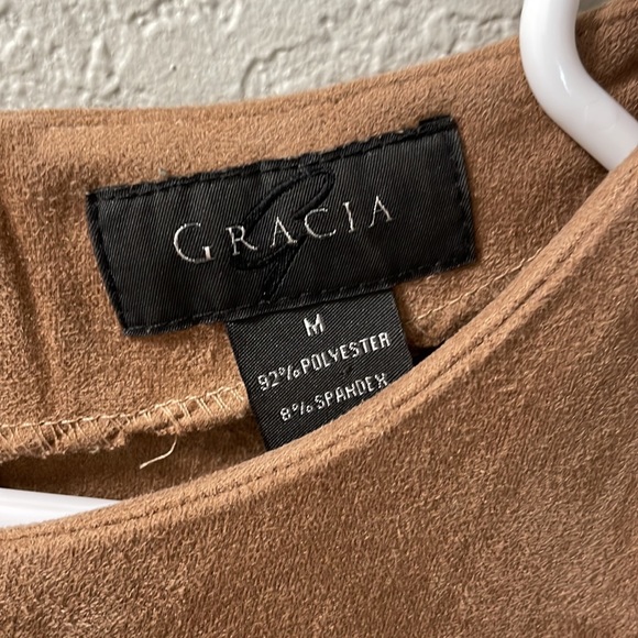 Gracia Faux Suede Asymmetrical Top Tan Draped Statement Blouse - Picture 3 of 6